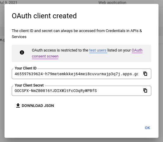 Google's OAuth client ID and Secret displayed