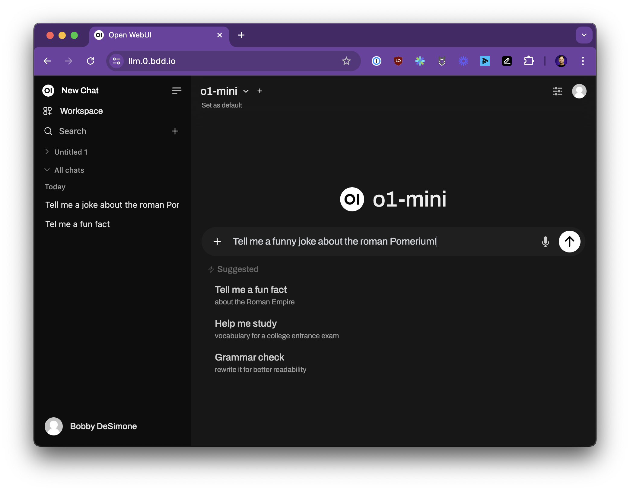 Screenshot of Open WebUI protected by Pomerium, user authenticated as "Bobby DeSimone"
